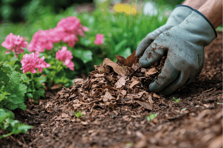 Gardener wearing blue gloves applying mulch around pink flowers in a vibrant garden bed to retain soil moisture and suppress weeds.