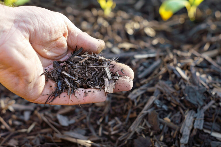 A hand outstretched holds a small pile of mulch over a spread of soil. Northway is committed to helping you protect your property this winter season.