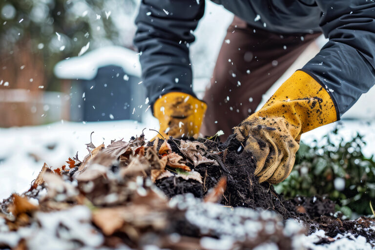 A pair of gloved hands care for plants during a snowy season.