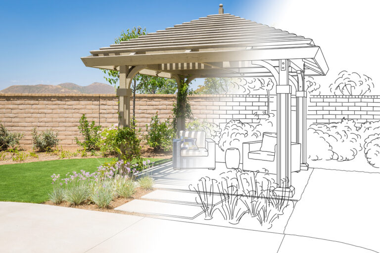 A meld between a picture of a pergola, an a pencil drawing of it.